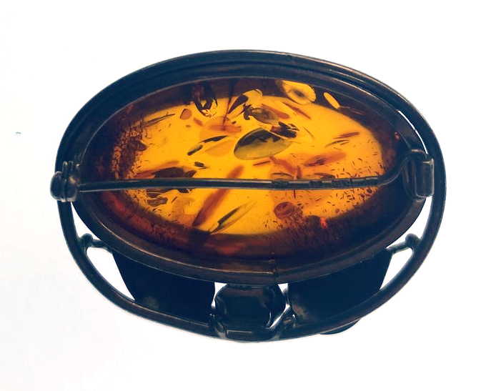 Sterling Silver Amber Brooch with Rose & Leaf Detail
