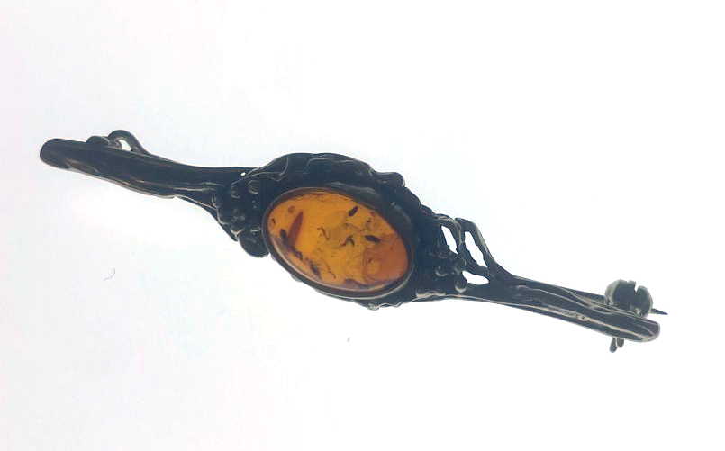 Sterling Silver Amber Bar Brooch with Scroll Detail