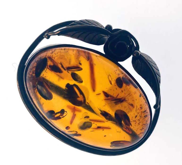 Sterling Silver Amber Brooch with Rose & Leaf Detail
