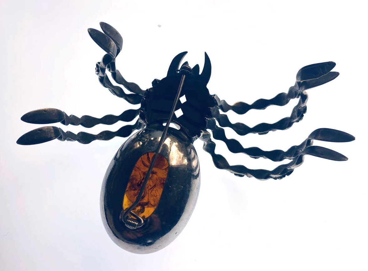 Sterling Silver Amber Tarantula Brooch — Large Sculptural Statement Piece