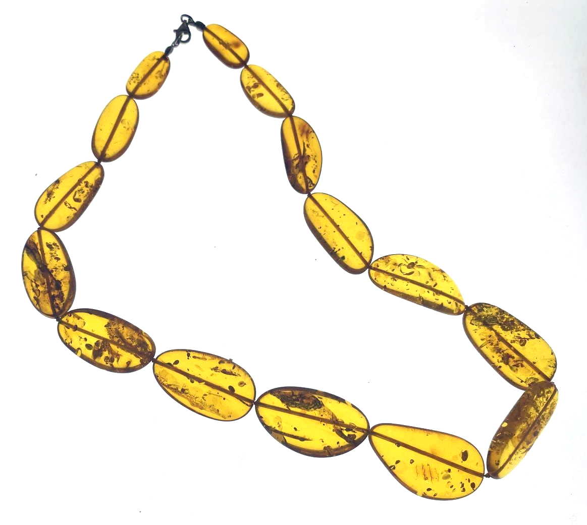 Vintage Natural Baltic Amber Large Flat Oval Necklace, Clear Lemon Gold, Statement Strand