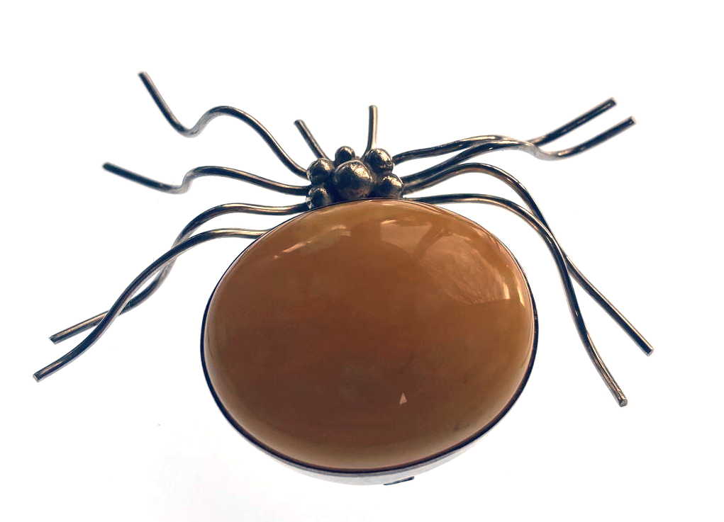 Vintage Sterling Silver Spider Brooch with Butterscotch Amber Cabochon
