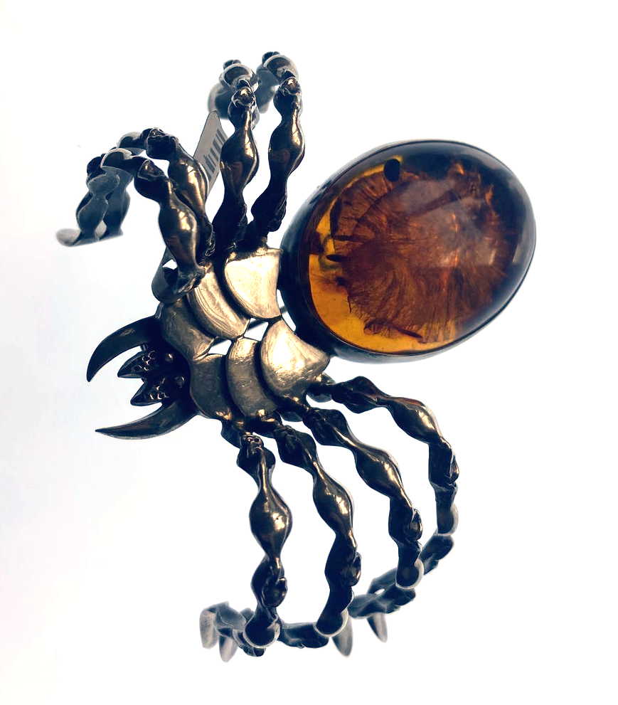 Sterling Silver Amber Tarantula Brooch — Large Sculptural Statement Piece