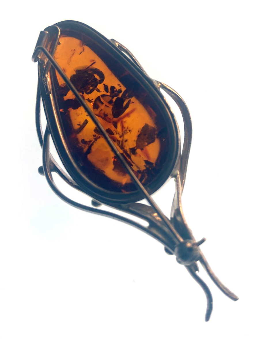 Sterling Silver Caged Amber Brooch