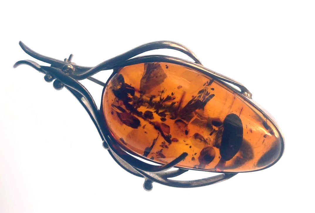 Sterling Silver Caged Amber Brooch