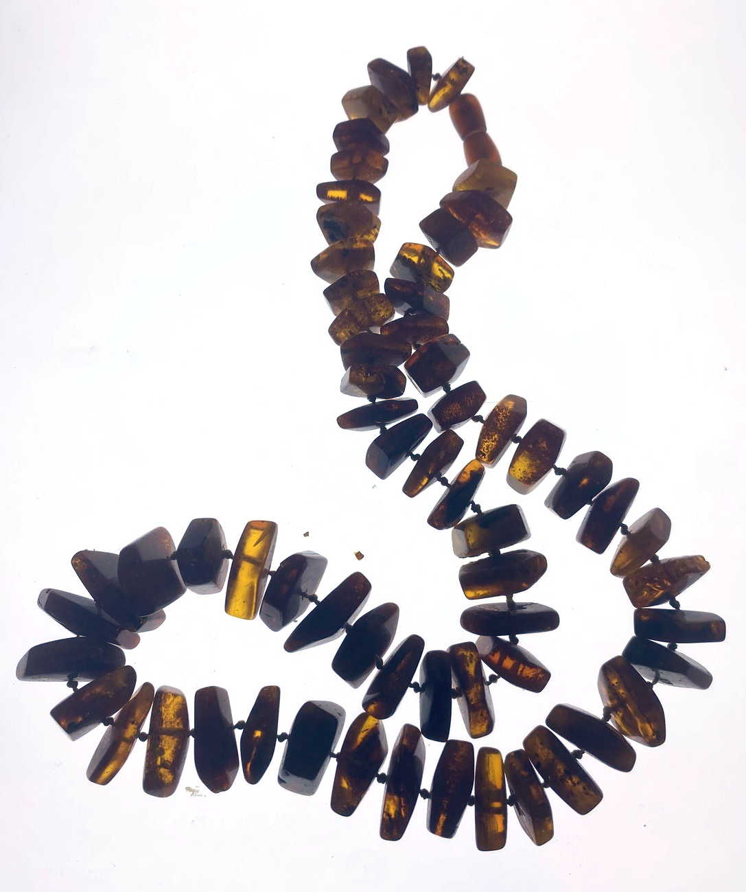 Vintage Natural Baltic Amber Chip Necklace, Dark Cognac, Knotted Strand