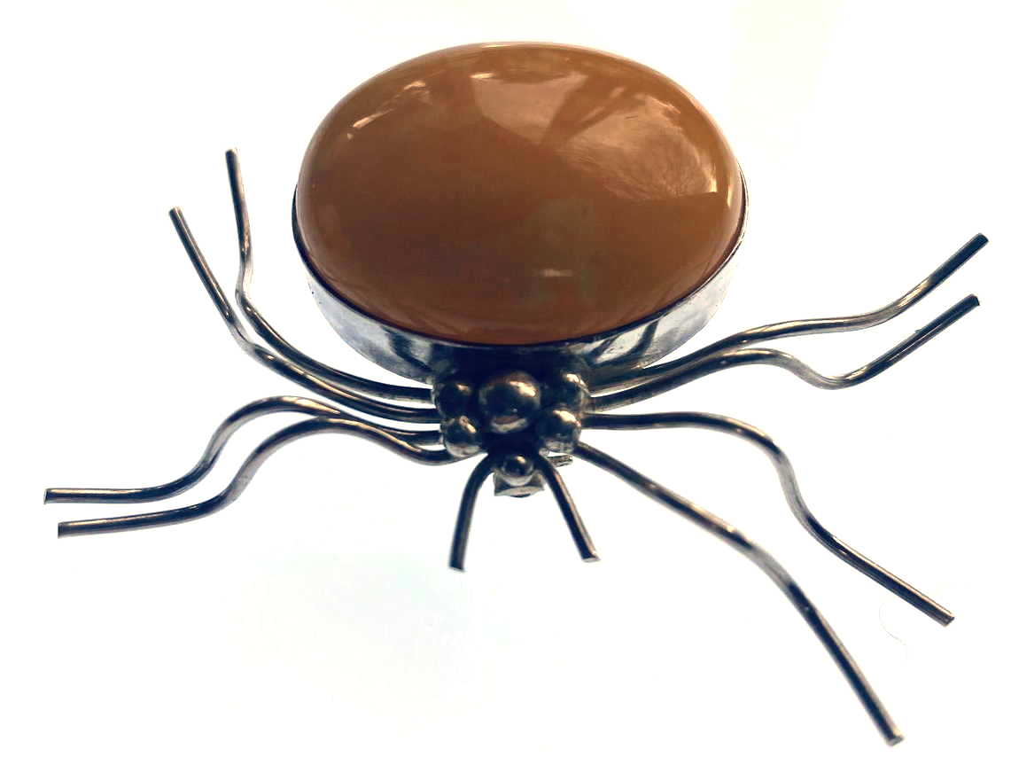 Vintage Sterling Silver Spider Brooch with Butterscotch Amber Cabochon