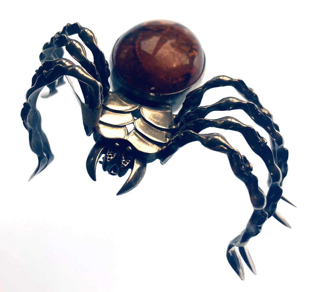 Sterling Silver Amber Tarantula Brooch — Large Sculptural Statement Piece