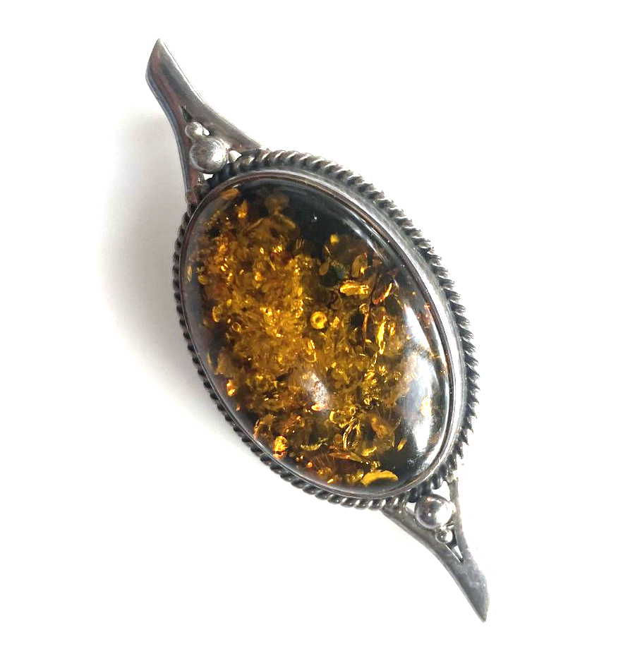 Sterling Silver Green Amber Marquise Brooch