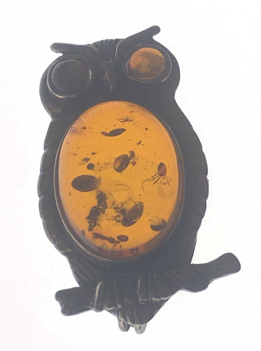 Sterling Silver Amber Owl Brooch