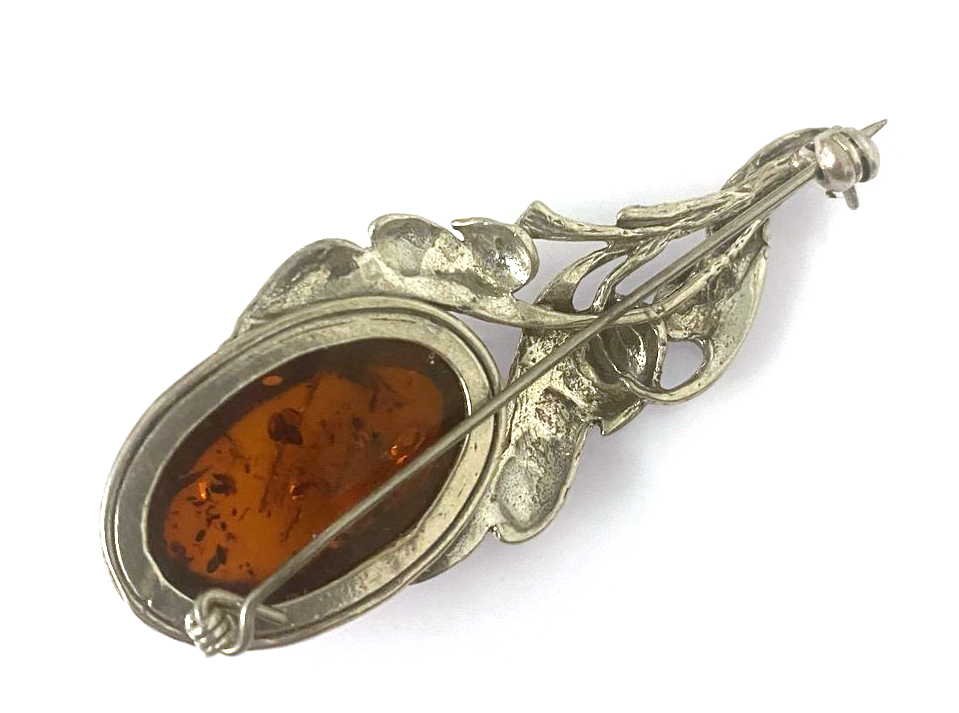 Sterling Silver Amber Leaf-Spray Brooch