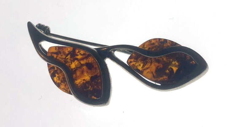 Sterling Silver Amber Double-Leaf Brooch