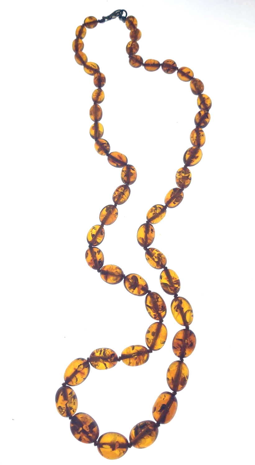 Vintage Natural Baltic Amber Oval Bead Necklace, Honey Cognac, Long Knotted Strand