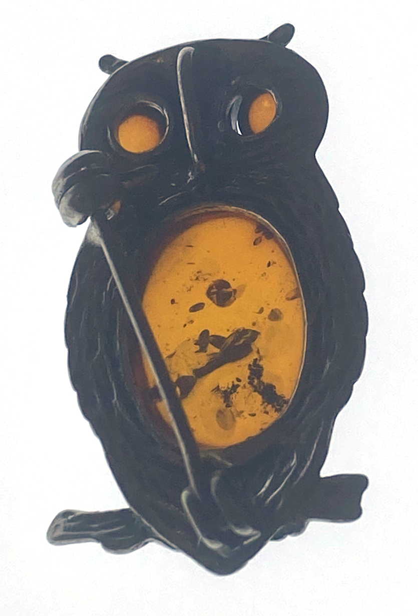Sterling Silver Amber Owl Brooch