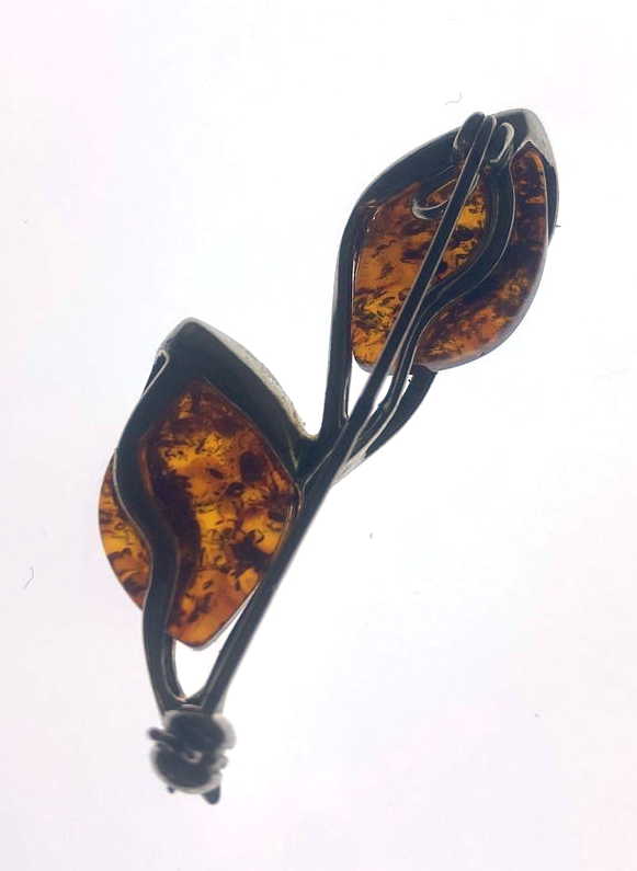 Sterling Silver Amber Double-Leaf Brooch