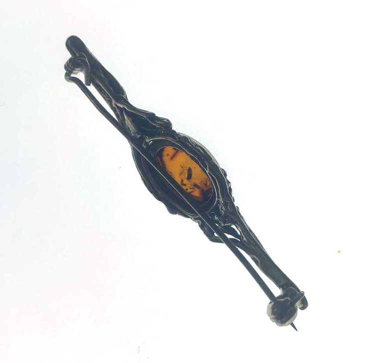 Sterling Silver Amber Bar Brooch with Scroll Detail
