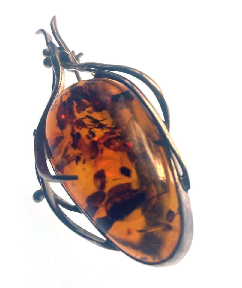 Sterling Silver Caged Amber Brooch