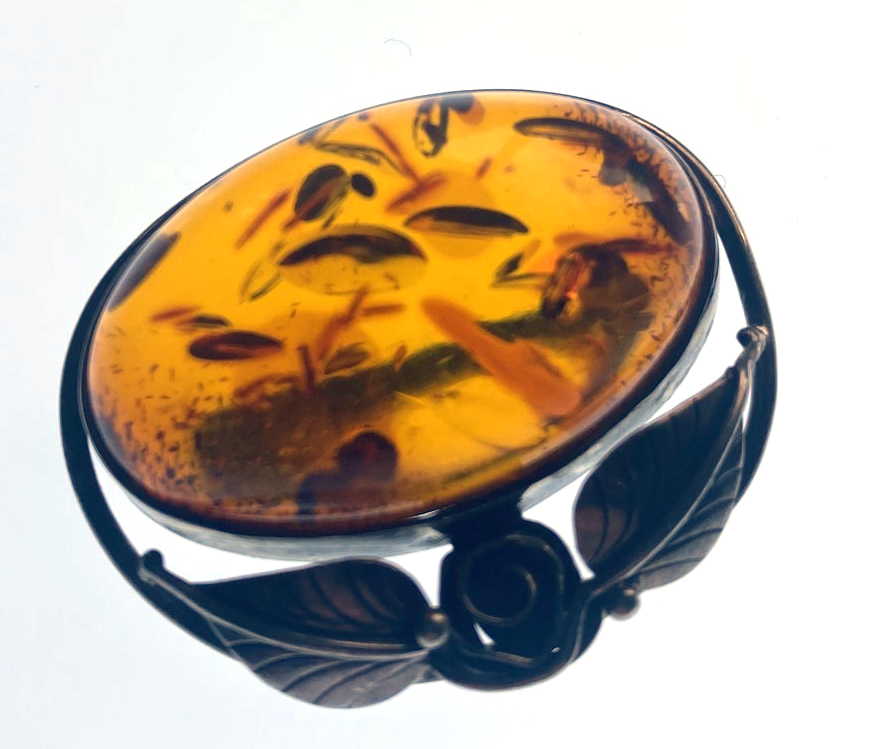 Sterling Silver Amber Brooch with Rose & Leaf Detail