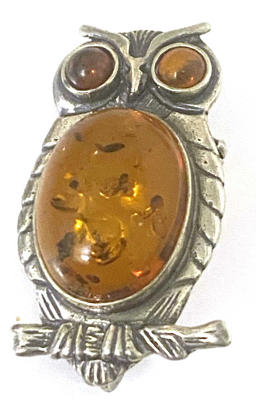 Sterling Silver Amber Owl Brooch
