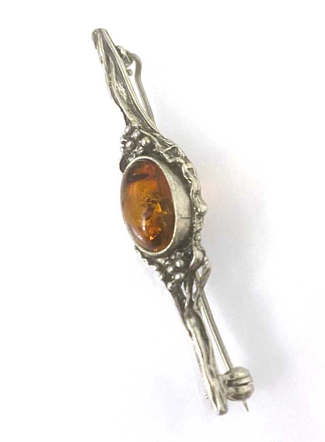 Sterling Silver Amber Bar Brooch with Scroll Detail